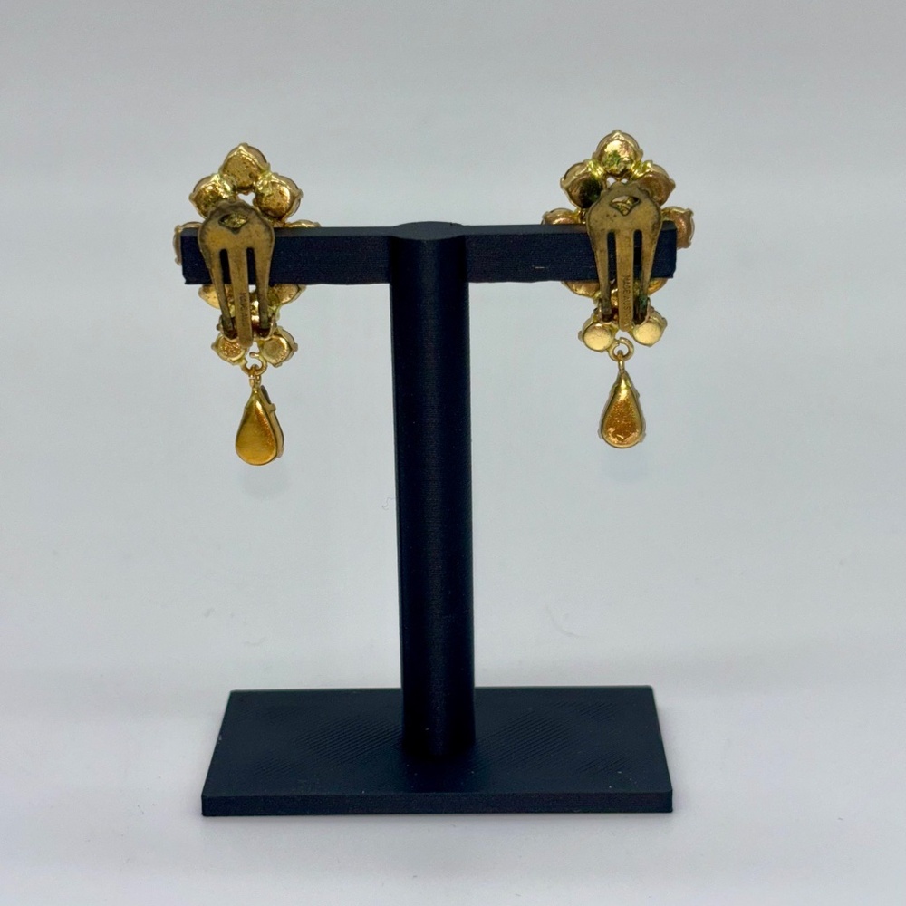 1970s 1980s Leaf Plant Motif Marquise Cut Round Stone Gold Tone Vintage Earrings - Picture 3 of 5